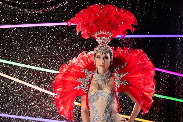 Asian Transgender Woman Cabaret Carnival Fancy Crystal Silver Dress Red — 스톡 사진