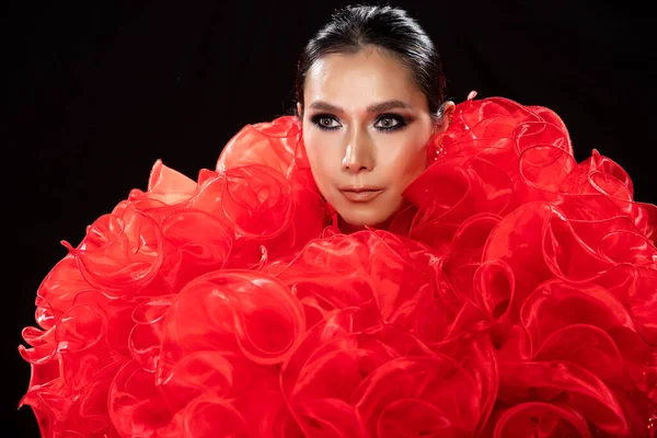 Half body portrait of Asian Transgender Woman in Cabaret Carnival Fancy Red Queen Dress Gown over Dark background as profile shooting copy space
