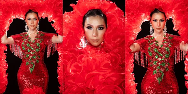 Medio Cuerpo Retrato Mujer Transgénero Asiática Cabaret Carnaval Fantasía Vestido — Foto de Stock