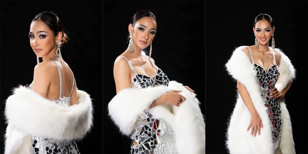 Asian Transgender Woman Cabaret Carnival Fancy Mirror Screased Silver Dress — 스톡 사진