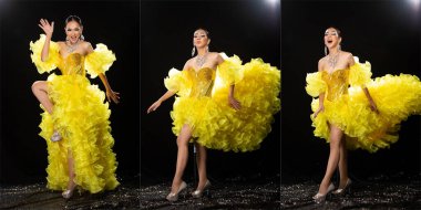 Kabare Karnavalı 'ndaki Asyalı Transseksüel Kadın' ın tam boy vücut portresi. Dansçı Sarı Kraliçe Elbisesi. Arka planda Kolaj çekimi profili var.