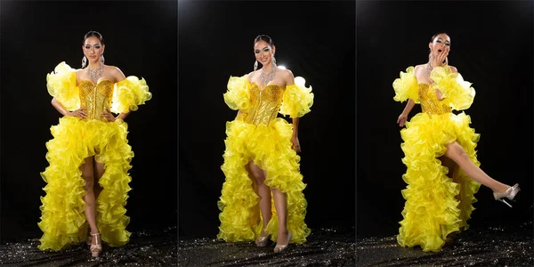 Retrato Cuerpo Entero Mujer Transgénero Asiática Cabaret Carnaval Bailarina Vestido — Foto de Stock