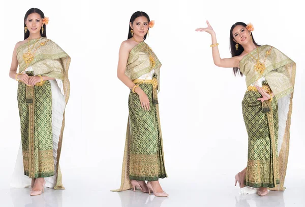 Mooie Aziatische Vrouw Dragen Green Thai Traditional Costume Als Thailand — Stockfoto