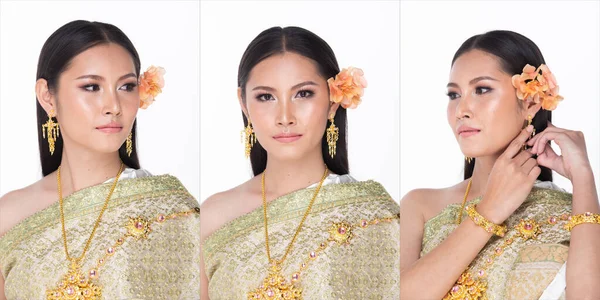 Schöne Asiatinnen Tragen Grüne Thailändische Tracht Als Thailändisches Hochzeitskleid Mit — Stockfoto