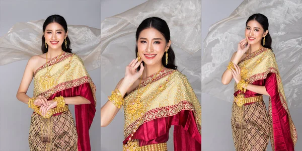 Schöne Asiatische Frau Tragen Rote Thai Tracht Als Thailändische Hochzeitskleid — Stockfoto