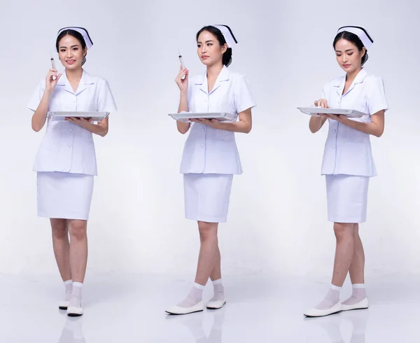 Full Body Length Figure Snap 20S Asian Woman Wear Nurse — Stock Photo, Image