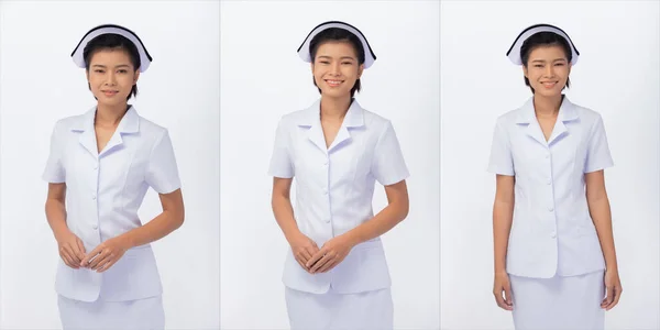 ハーフボディ20代のアジア人女性の図スナップ看護師白制服パンツスカートと靴 白背景隔離 — ストック写真