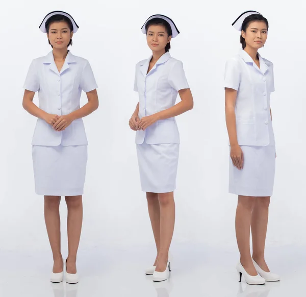 Helkroppslängd Figur Snäpp Talet Asiatisk Kvinna Bära Sjuksköterska Vit Uniform — Stockfoto