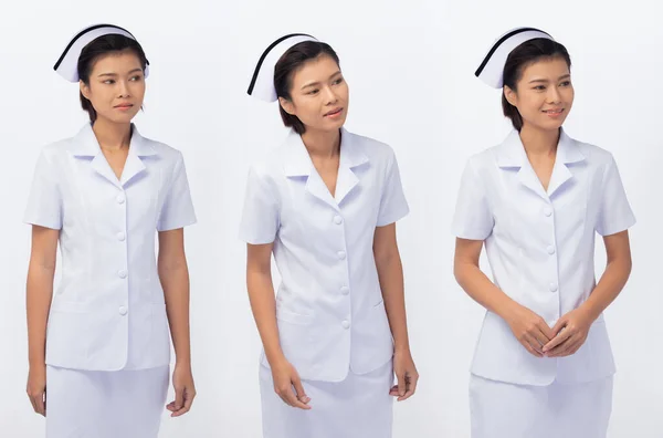 Hälften Kropp Figur Knäpp Talet Asiatisk Kvinna Bära Sjuksköterska Vit — Stockfoto
