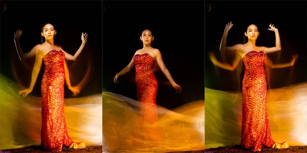 全身ファッションの肖像20代アジアの女性は美しい夜を持っていますボールガウン 彼女はファッショナブルなスタイルを身に着けています 黒の上に強い感情ポーズ背景コラージュ3枚の写真 — ストック写真