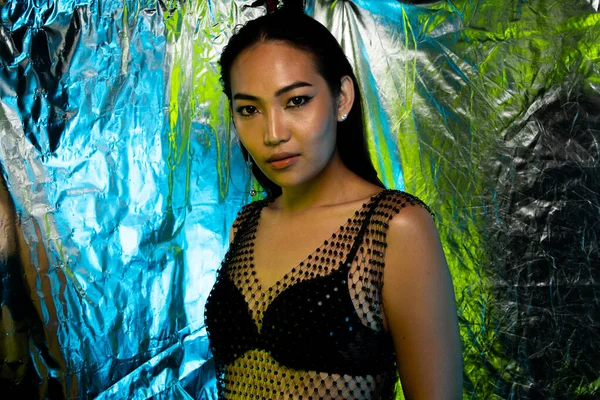 Porträtt Färgglada Mode Talet Asiatisk Kvinna Har Vackert Ljus Hbtq — Stockfoto