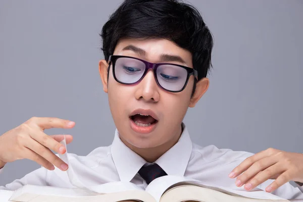 Education Today Make Guy Student Read Textbook Mad Office Business — Stock Photo, Image