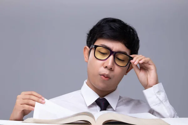Education Today Make Guy Student Read Textbook Mad Office Business — Stock Photo, Image
