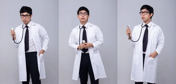 Halbkörper Eines Asiatischen Männlichen Arztes Weißer Laboruniform Mit Stethoskop Medizinisches — Stockfoto