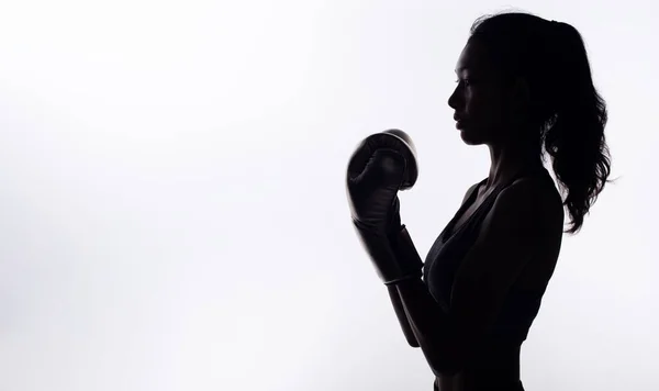 Silhouette Slim Body Young Fitness Woman Punch Boxing Gloves Exercise — Stock Photo, Image