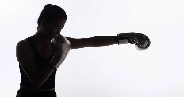 Silhouette Slim Body Young Fitness Woman Punch Boxing Gloves Exercise — Stock Photo, Image