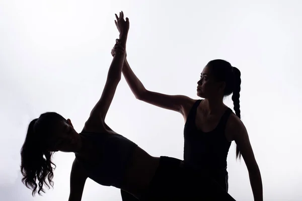 Silueta Cuerpo Delgado Dos Jóvenes Fitness Mujeres Juegan Yoga Ejercicio — Foto de Stock