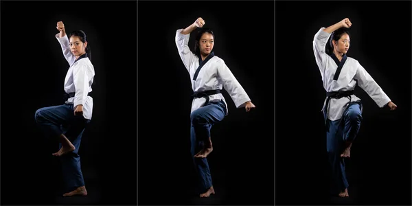 マスターブラックベルト Taekwondo Karate Girl Who National Athletive Young Teen Show伝統的な格闘ポーズキックパンチでスポーツ制服ドレス — ストック写真