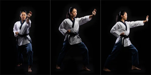 マスターブラックベルト Taekwondo Karate Girl Who National Athletive Young Teen Show伝統的な格闘ポーズキックパンチでスポーツ制服ドレス — ストック写真