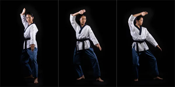 マスターブラックベルト Taekwondo Karate Girl Who National Athletive Young Teen Show伝統的な格闘ポーズキックパンチでスポーツ制服ドレス — ストック写真