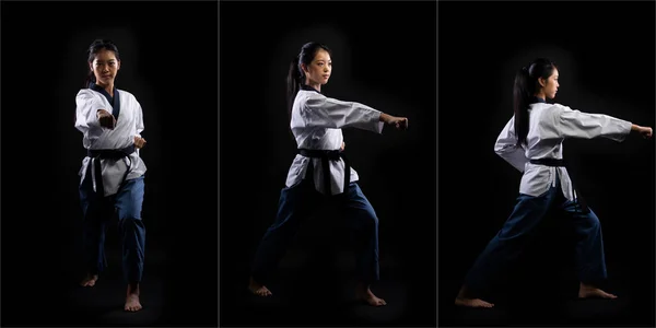 Guru Sabuk Hitam Gadis Taekwondo Karate Atlet Nasional Remaja Menunjukkan — Stok Foto
