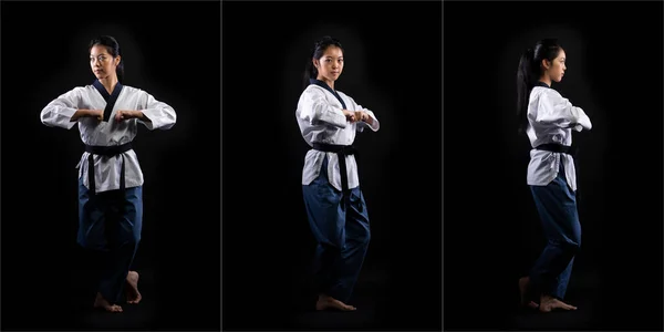 マスターブラックベルト Taekwondo Karate Girl Who National Athletive Young Teen Show伝統的な格闘ポーズキックパンチでスポーツ制服ドレス — ストック写真