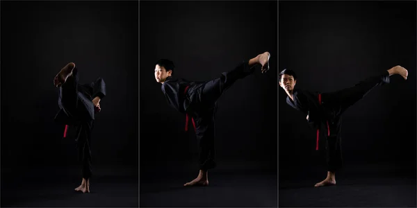 红黑带跆拳道空手道男 是一名年轻的运动员 身穿运动服 黑色背景孤零零的 全长拼贴三张照片 摆出传统的格斗姿势 — 图库照片
