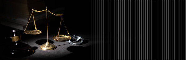 Balance Scale for justice and judge with handcuff, law book and 
