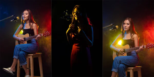 Asian Woman Cabello Rizado Marrón Tocar Guitarra Cantar Sonido Potencia — Foto de Stock