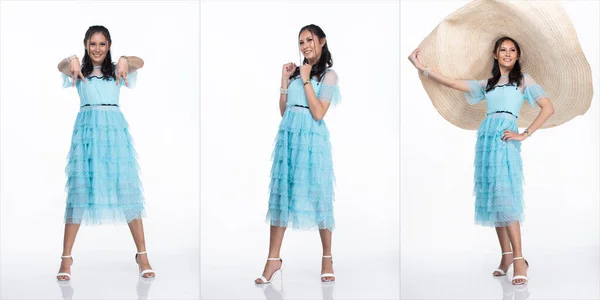 Collage Drie Volledige Lengte Van 20S Asian Woman Dragen Blauwe — Stockfoto