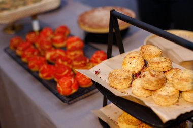 Toplantı, seminer, atölye, konferans, masadaki yemek servisi, seçici odak noktasını kopyalama