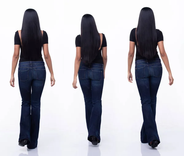 Kolaj Grubu Yaşlarda Asyalı Bir Kadın Uzun Siyah Tişörtlü Kot — Stok fotoğraf