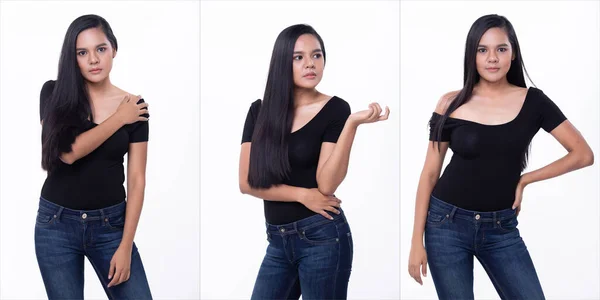 Collage Group Medio Cuerpo Años Mujer Asiática Pelo Largo Negro — Foto de Stock