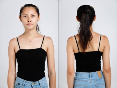 20 'li yaşlardaki Asyalı kadın portresinin yarısı siyah saçlı, yüzü makyajsız. Kız arka planda 360 yaşına giriyor. Birçok poz beyaz arka planda izole edilmiş profil üzerine.