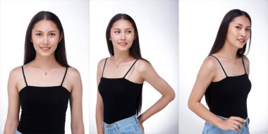 20 'li yaşlardaki Asyalı kadın portresinin yarısı siyah saçlı, geniş elbiseli. Yüzündeki duyguları ifade eden kız, beyaz arka planda izole edilmiş bir profil üzerinde birçok poz verir.