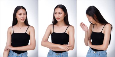 20 'li yaşlardaki Asyalı kadın portresinin yarısı siyah saçlı, geniş elbiseli. Yüzündeki duyguları ifade eden kız, beyaz arka planda izole edilmiş bir profil üzerinde birçok poz verir.