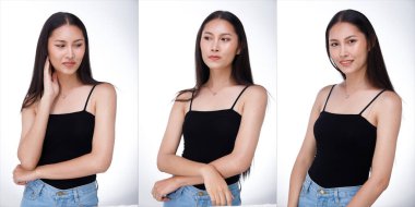 20 'li yaşlardaki Asyalı kadın portresinin yarısı siyah saçlı, geniş elbiseli. Yüzündeki duyguları ifade eden kız, beyaz arka planda izole edilmiş bir profil üzerinde birçok poz verir.