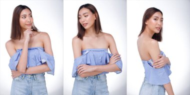 20 'li yaşlarda, Asyalı bir kadının yarı vücut portresi. Kısa saç, mavi elbise. Yüzündeki duyguları ifade eden kız, beyaz arka planda izole edilmiş bir profil üzerinde birçok poz verir.