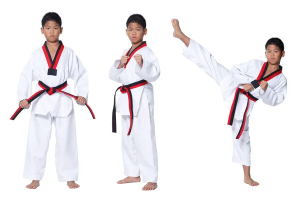 Cinturão Vermelho Preto Taekwondo Karate Kid Atleta Jovem Adolescente Show — Fotografia de Stock