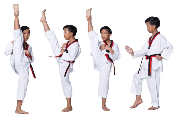 Sabuk Merah Hitam Taekwondo Atlet Karate Anak Anak Muda Menunjukkan — Stok Foto
