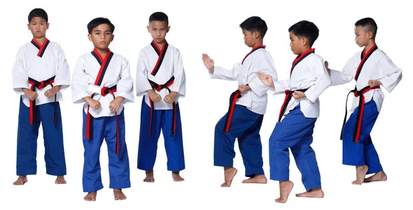 Siyah Kırmızı Kemer Tekvando Karate Kid Genç Sporcu Gösterisinde Geleneksel — Stok fotoğraf