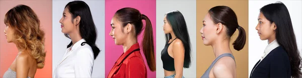 ハーフボディ多様性20代の肖像アジアの女性の髪のスタイルのファッションを構成します 女性は白い背景孤立プロフィールにサイドビューを有効にします — ストック写真