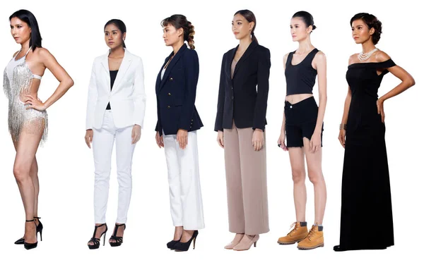 全身の長さ図20代の多様性30代アジアの女性カジュアルライフスタイル ビジネス イブニングドレスなど 多くの多様性のキャリア 女性スタンドターンサイドビュー 白背景分離 — ストック写真