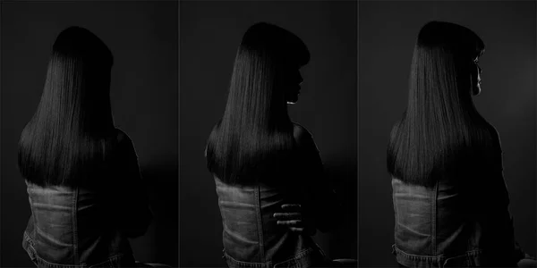 Asyalı Kadının Siyah Beyaz Tonu Kot Ceket Giyer Uzun Düz — Stok fotoğraf