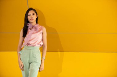 20 'li yaşlardaki Asyalı kadın portresinin yarısı düz siyah saç resmi pembe yeşil elbise giyiyor. Kadın alışveriş için dışarıda dolaşmaktan mutlu.