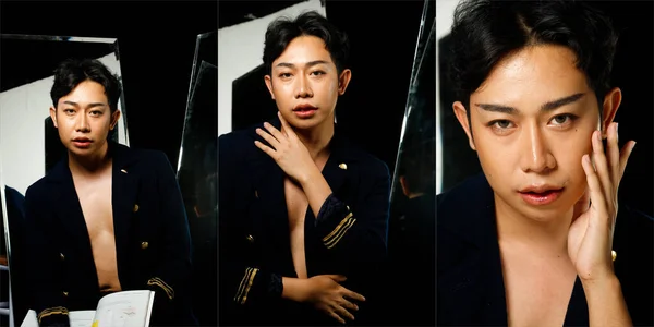 Half Body Portrait of 20s Asian LGBTQIA+ Gay man black hair wear blazzer captain dress. Male do Fashion poses half body over mirror reflect background