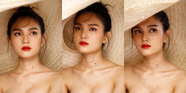 Face Fashion Portrait 20S Asian Lgbtqia Woman Red Lips Tragen — Stockfoto