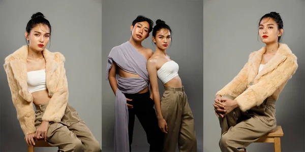 Casal Retrato Moda 20S Asiático Lgbtqia Mulher Homem Abraçar Juntos — Fotografia de Stock
