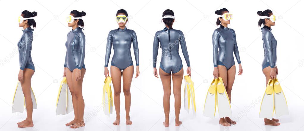 Beautiful Asian Woman wear Diving Wet Suit with snorkel and snorkeling Fins. Scuba Free Dive Female stand and turn 360 front back rear side view over white background isolated full length body