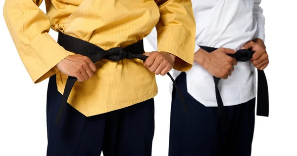 Grand Master Black Belt Taekwondo Teacher Hold Tie Belt Pose — Stock Photo, Image